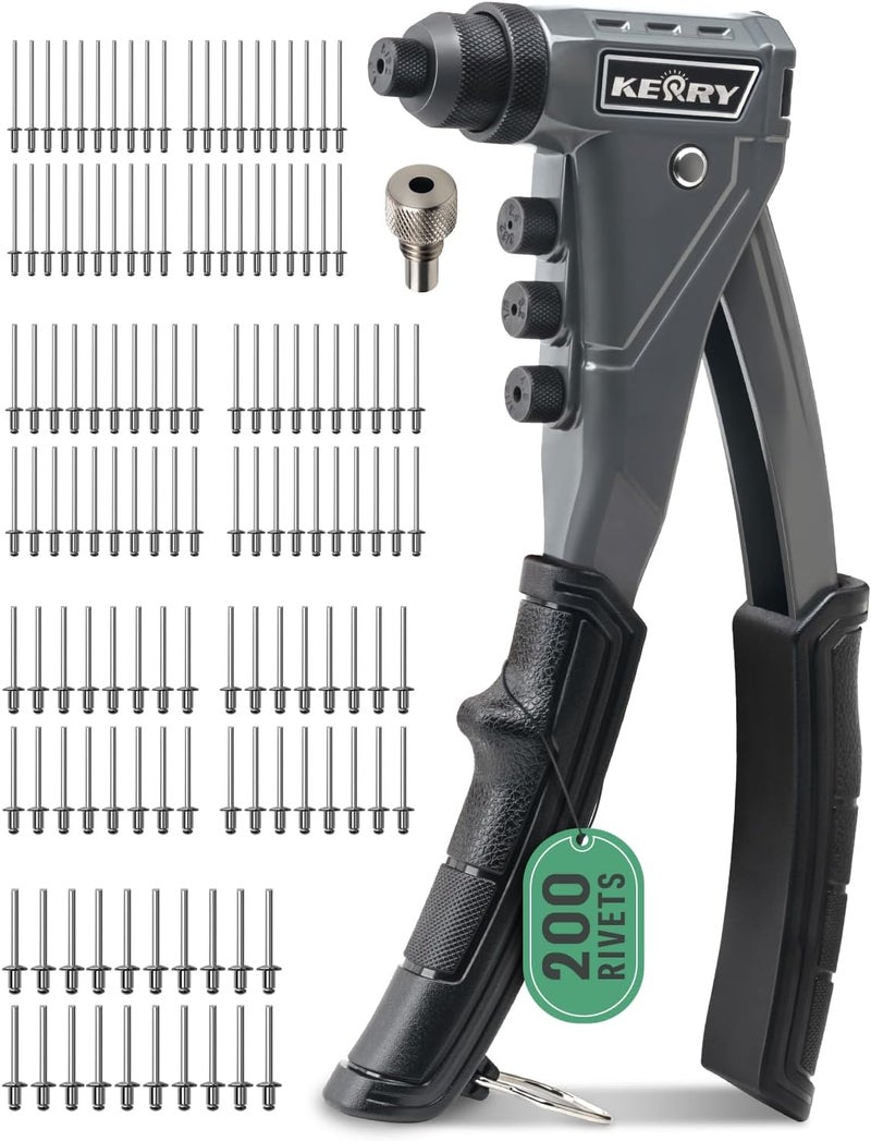 KERRY One-Handed Rivet Gun, 3/32" 1/8" 5/32" 3/16" Pop Rivet Gun Set, Manual Riveting Tool with 9.6" Extended Handle, 200 Rivets, 4 Tool-Free Interchangeable Heads, Profeesional Hand Riveter - Image 1